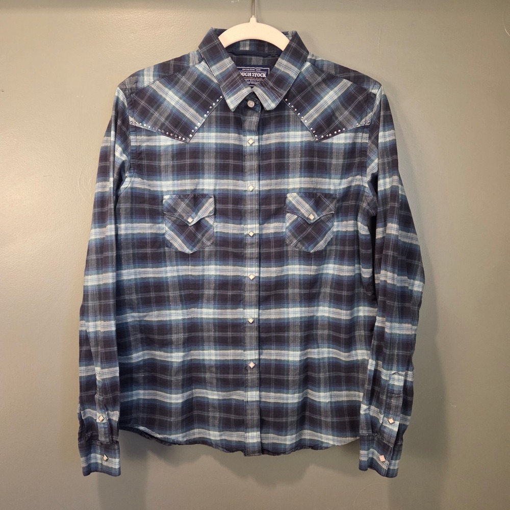 Rough Stock Women's Western Plaid Snap Button Shirt Size L Blue Rhinestones